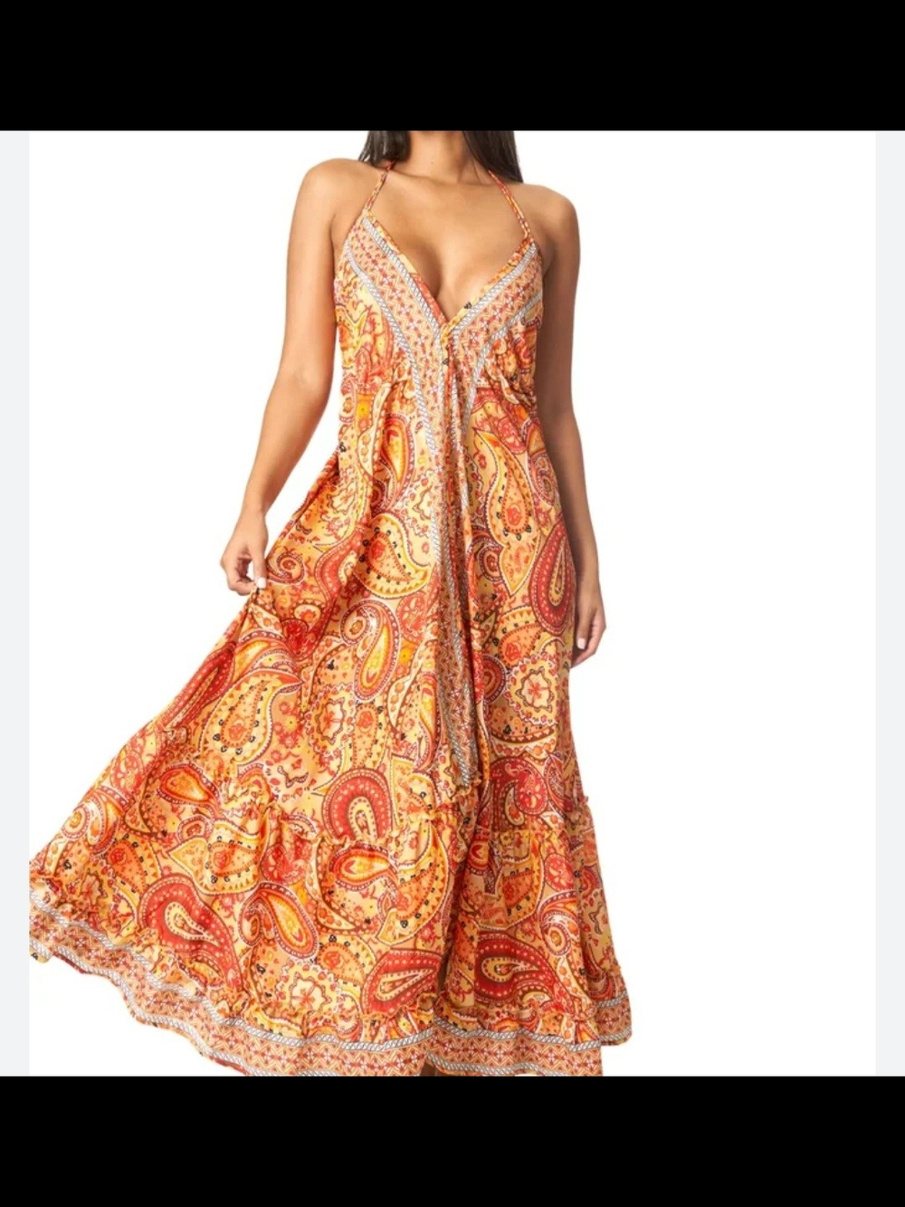Boho Paisley Spaghetti-Strap Maxi Dress in Sunny Orange & Red